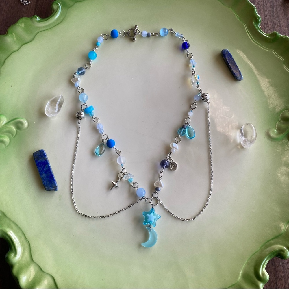 Star of Elendil Blue & Silver Beaded Charm Necklace Pendant Chain Moon Spiral